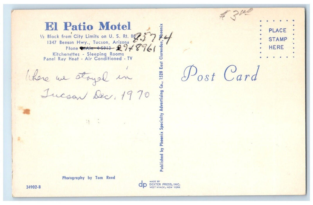 1970 View Of El Patio Motel Roadside Tucson Arizona AZ Posted Vintage Postcard