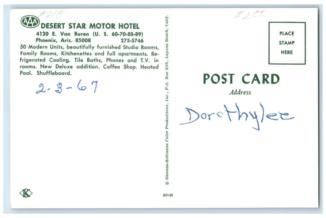 1967 Desert Star Motor Hotel And Swimming Pool Phoenix Arizona AZ Postcard