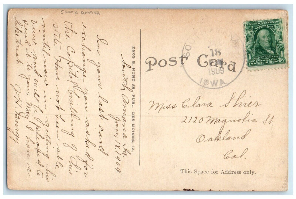 1909 State Capitol Des Moines Iowa IA South Amana IA Posted Antique Postcard