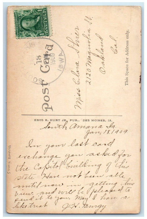 1909 State Capitol Des Moines Iowa IA South Amana IA Posted Antique Postcard