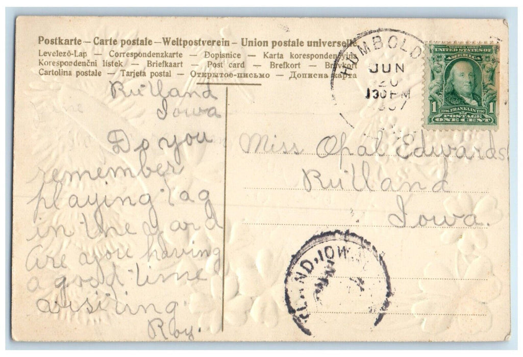 c1910 With Best Wishes Rutland Iowa IA Humboldt IA Embossed Flower Postcard