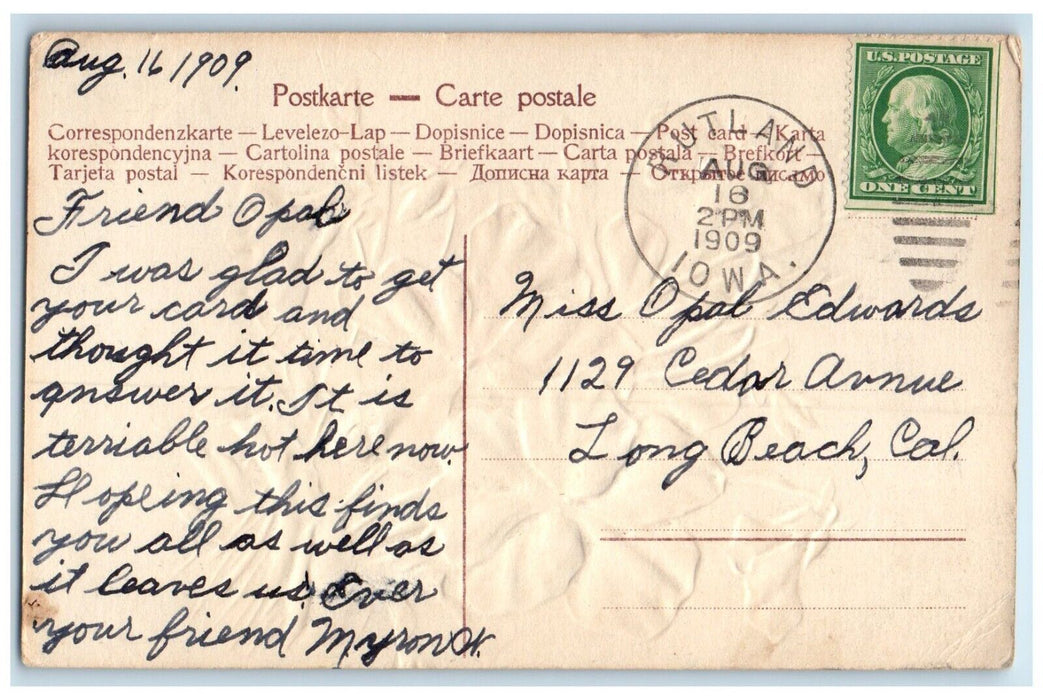 1909 View of Floral Leaf Rutland Iowa IA Embossed Antique Posted Postcard