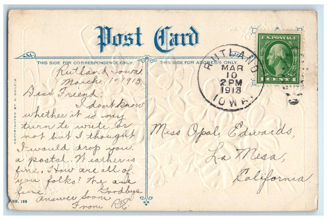 1913 You Are In My Thoughts Rutland Iowa IA Embossed Floral Antique Postcard