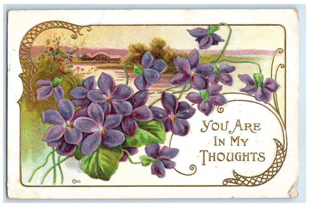 1913 You Are In My Thoughts Rutland Iowa IA Embossed Floral Antique Postcard