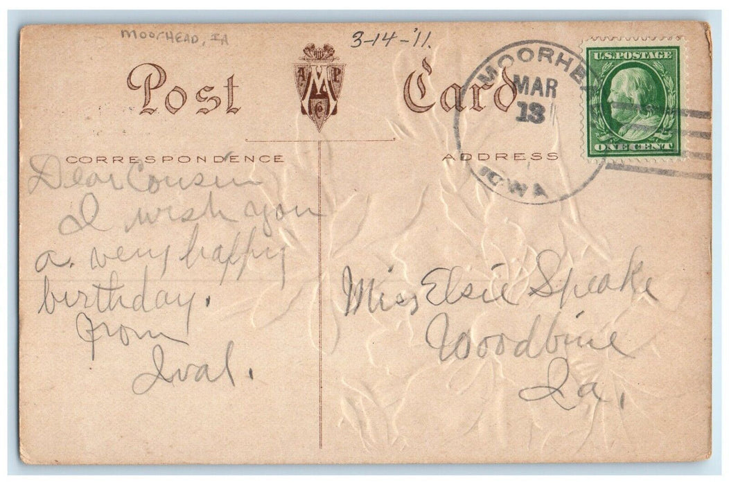 1911 Good Luck Pink Flower Moorhead Iowa IA Embossed Posted Antique Postcard