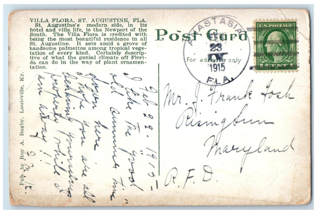 1915 Villa Flora St. Augustina Florida FL Anastasia FL Antique Postcard
