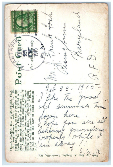 1915 Villa Flora St. Augustina Florida FL Anastasia FL Antique Postcard