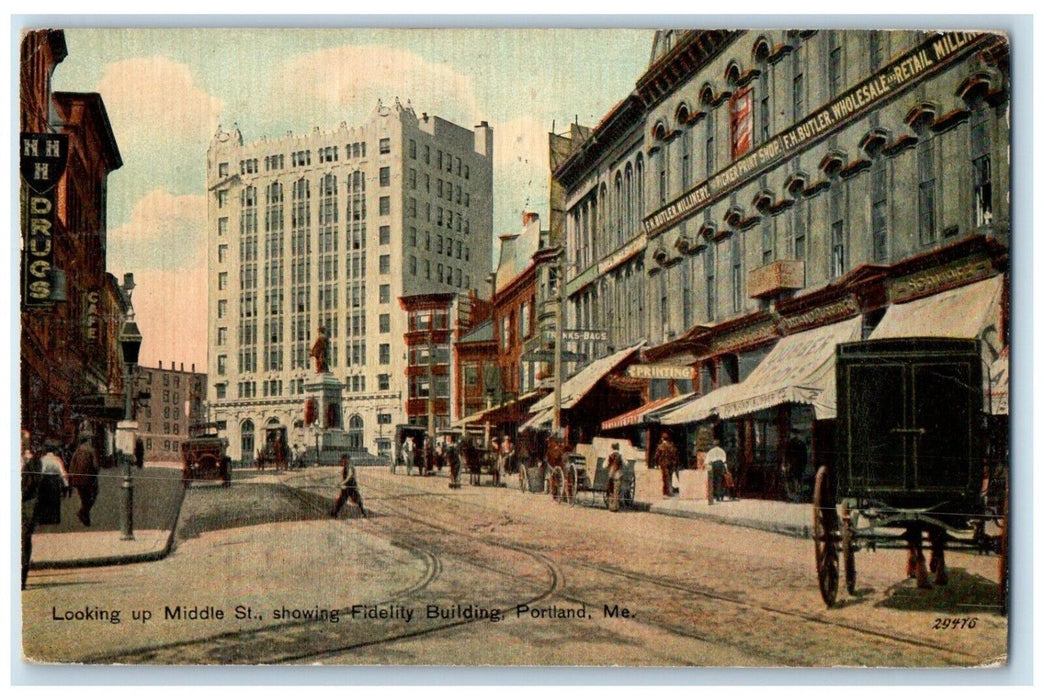 1912 Looking Up Middle St Fidelity Building Portland Maine ME Antique Postcard