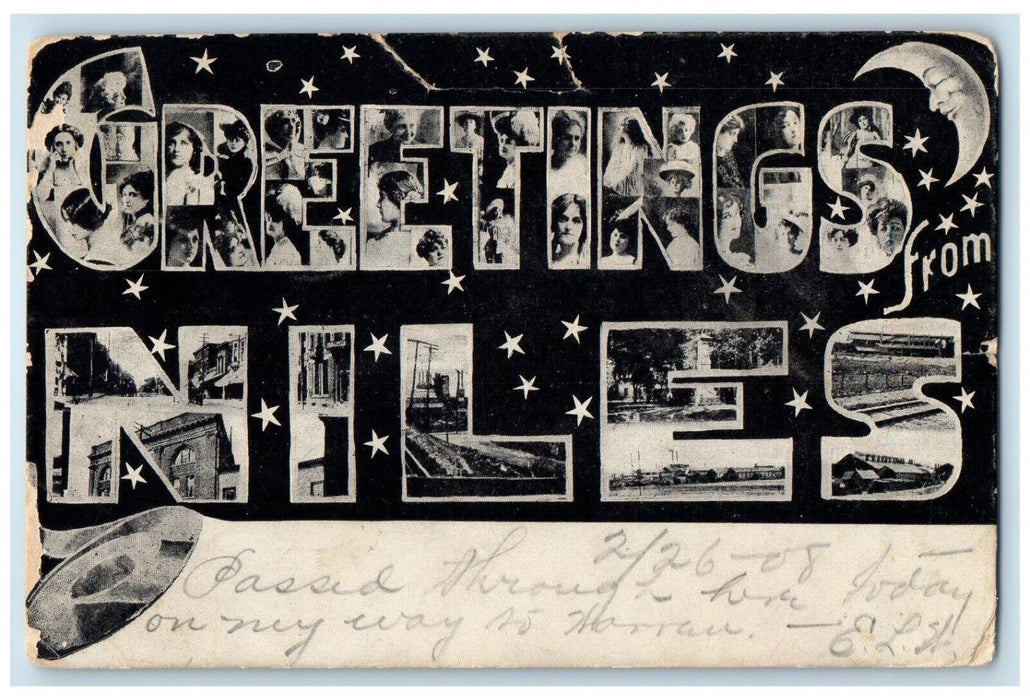 1908 Greetings From Stars Moon Niles Ohio OH Multiview Vintage Antique Postcard