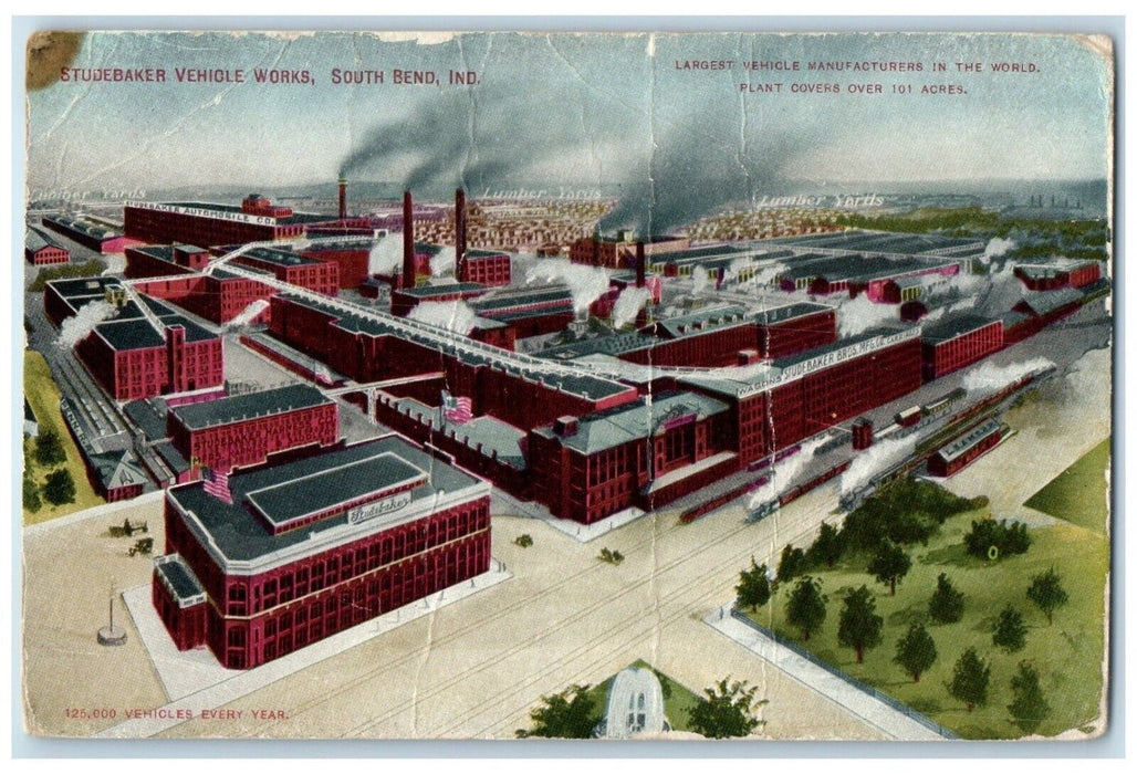 c1910 Studebaker Vehicle Works Factory Building South Bend Indiana IN Postcard