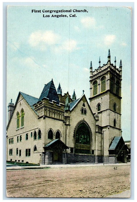 1915 First Congregational Church Street Scene Los Angeles California CA Postcard