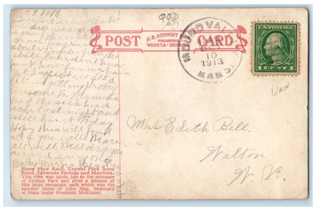 1913 Snow Plow Rock Crystal Park Auto Road Colorado Springs Manitou CO Postcard