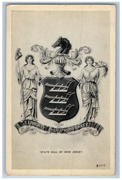 c1940 Liberty And Prosperity State Seal New Jersey NJ Antique Unposted Postcard