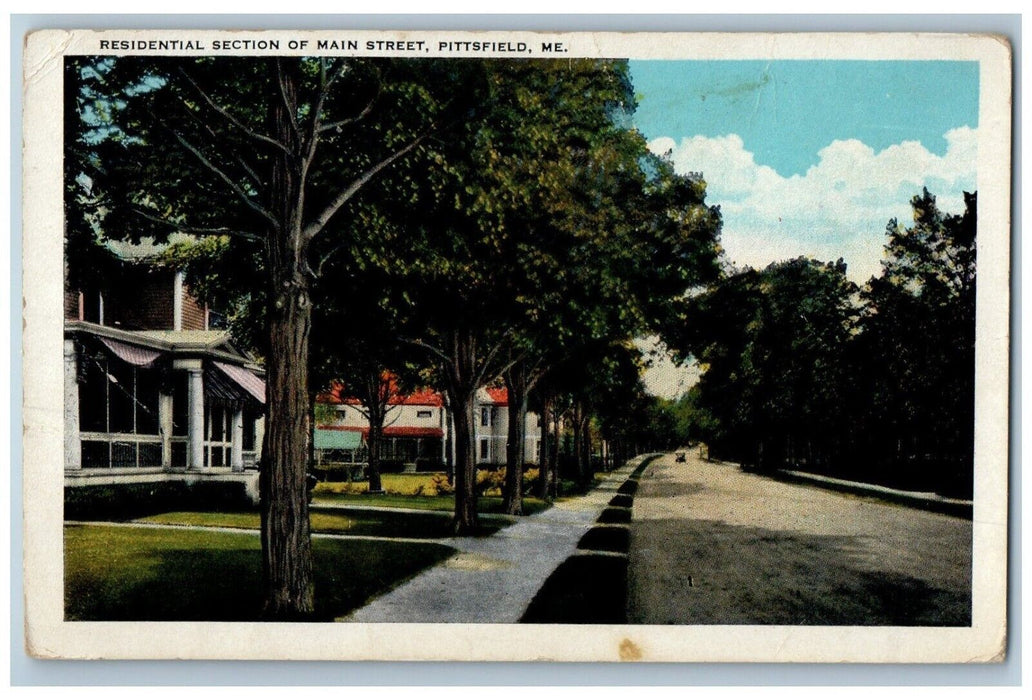 1935 Residential Section Main Street Sidewalk Trees Pittsfield Maine ME Postcard