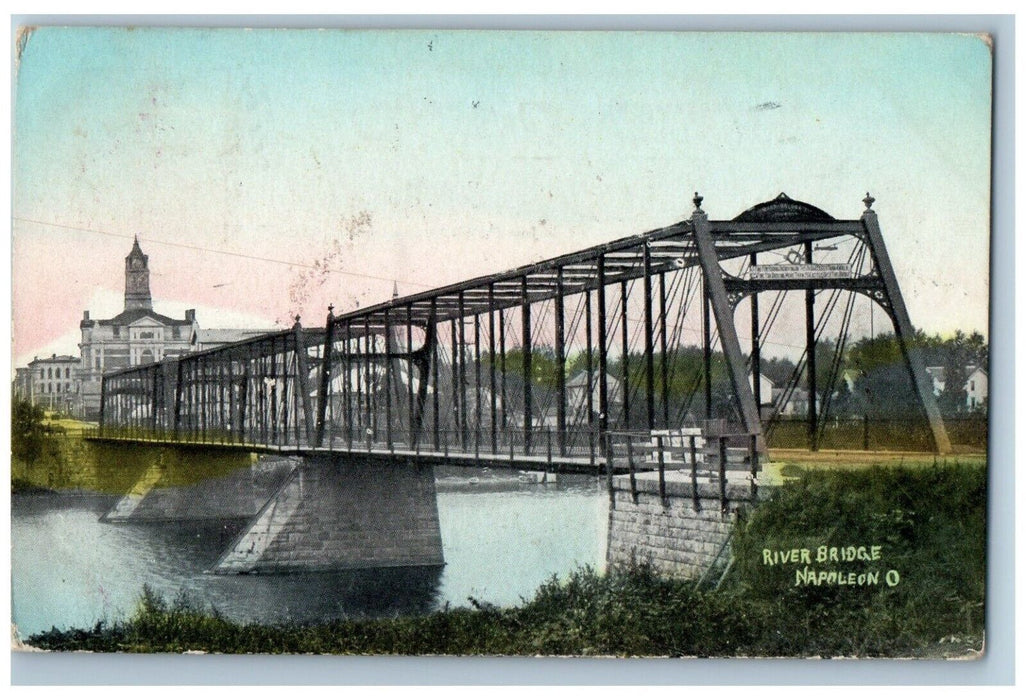 1917 Scenic View River Bridge Building Napoleon Ohio OH Vintage Antique Postcard