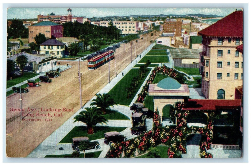 c1910's Ocean Avenue Looking East Cars Bus Long Beach California CA Postcard