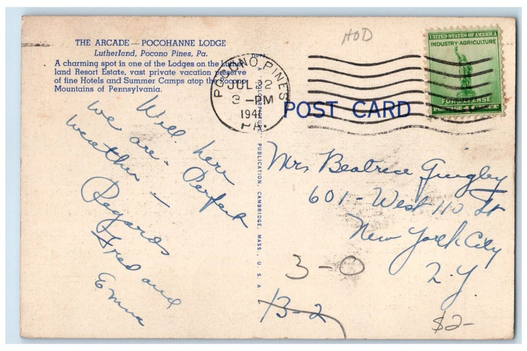 1941 Arcade Pocohanne Lodge Lutherland Chairs Pocono Pines Pennsylvania Postcard