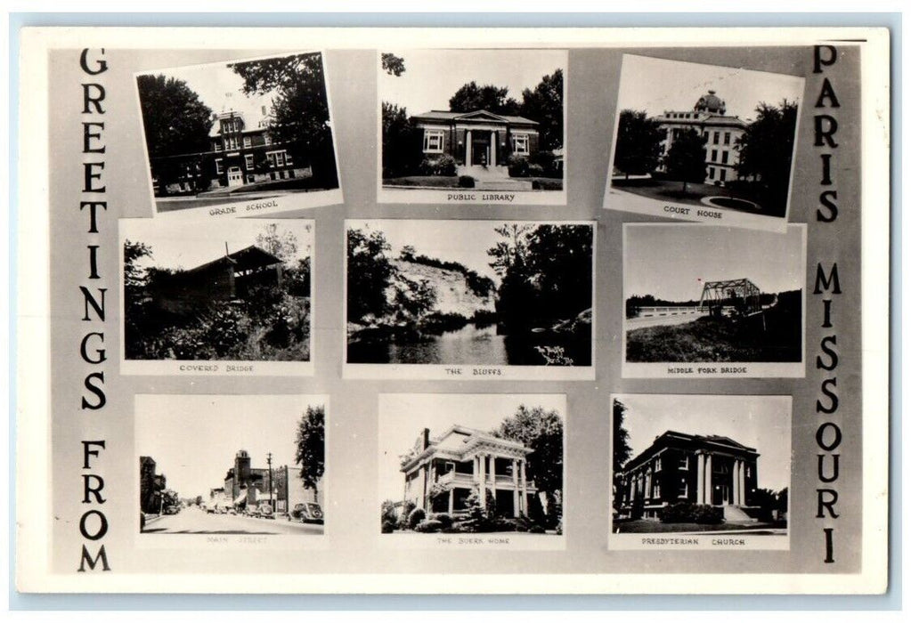 c1940s Greetings From Paris Multiview Buerk Church Bluffs MO RPPC Photo Postcard