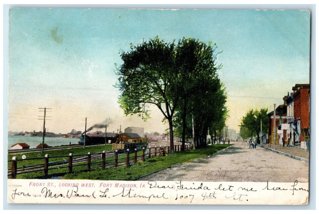 1908 Front Street Road Looking West Locomotive Train Fort Madison Iowa Postcard