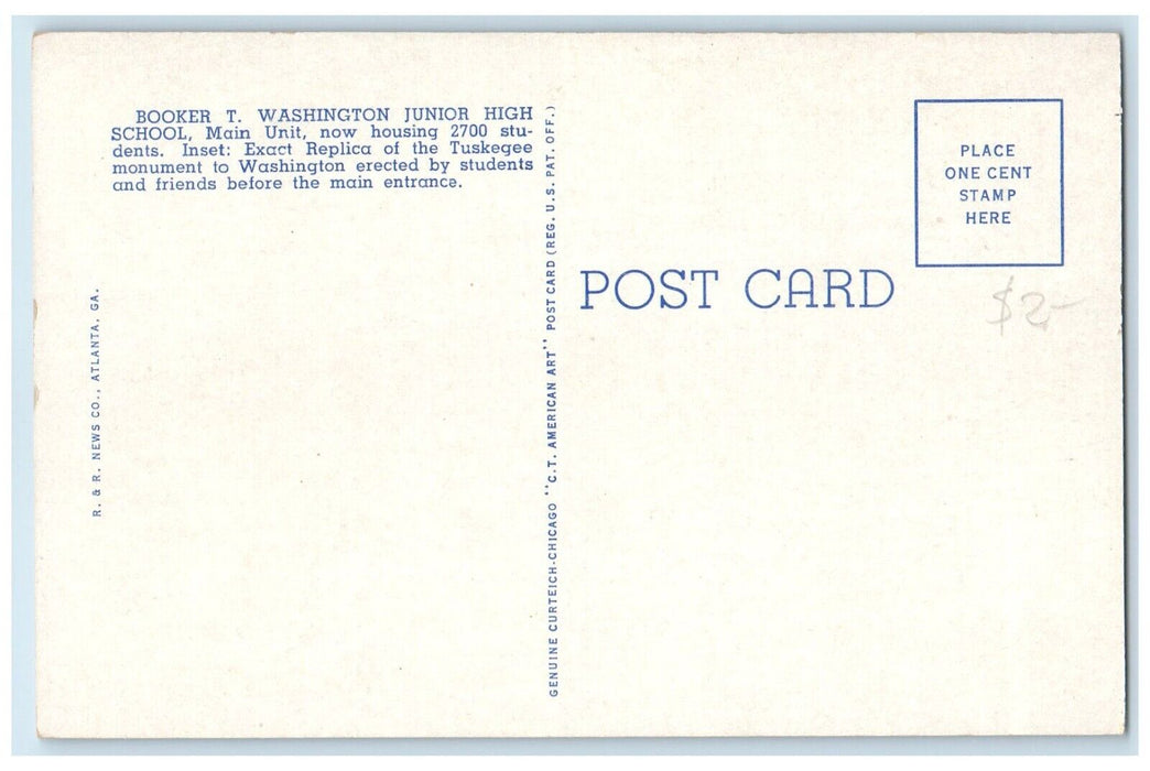c1940 Booker Washington Junior High School Building Atlanta Georgia GA Postcard