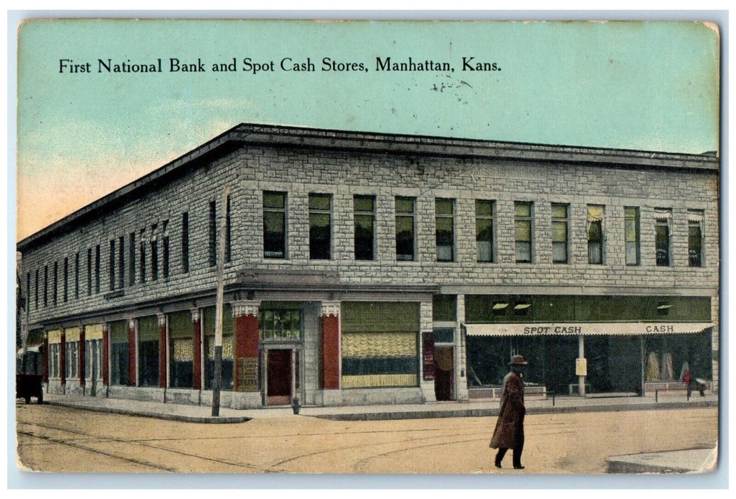 1914 First National Bank Spot Cash Stores Exterior Manhattan Kansas KS Postcard