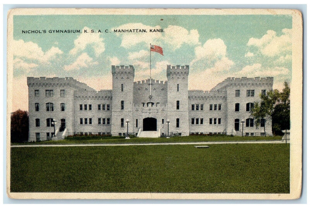 c1910 Nichol's Gymnasium KSAC Exterior Building Field Manhattan Kansas Postcard