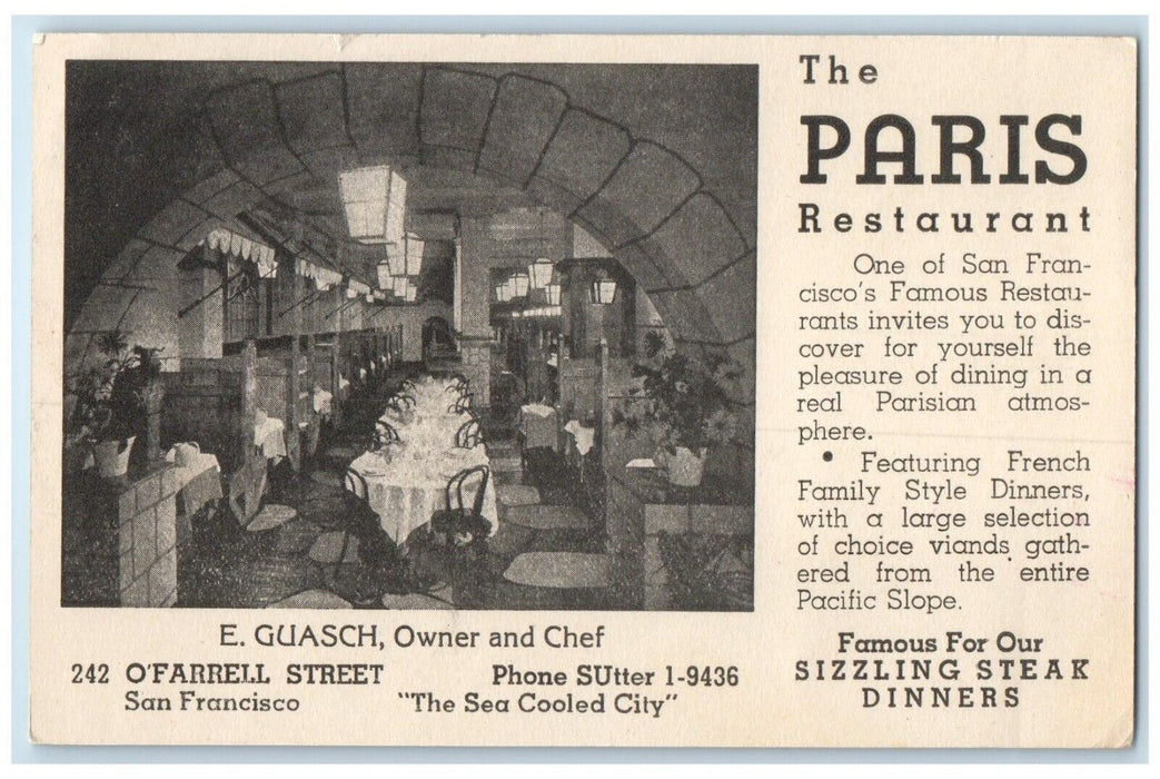 The Paris Restaurant Dining Room Interior San Francisco California CA Postcard