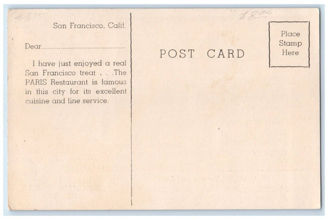 The Paris Restaurant Dining Room Interior San Francisco California CA Postcard