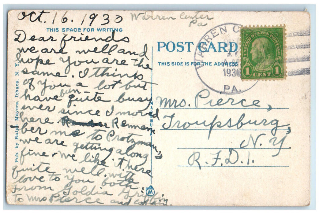 1930 Campus Cornell University Ithaca NY Warren Center Pennsylvania PA Postcard