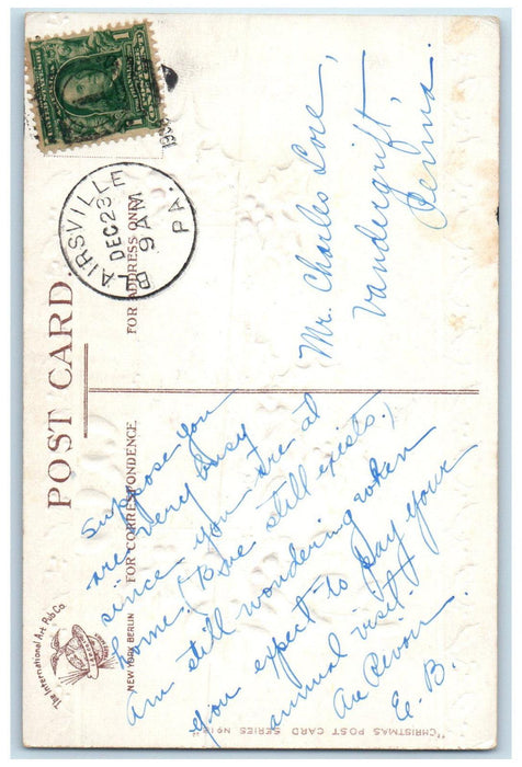 1908 Best Wishes Christmas Holly Leaf Blairsville Pennsylvania PA Postcard