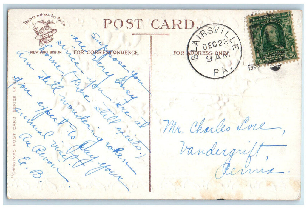 1908 Best Wishes Christmas Holly Leaf Blairsville Pennsylvania PA Postcard