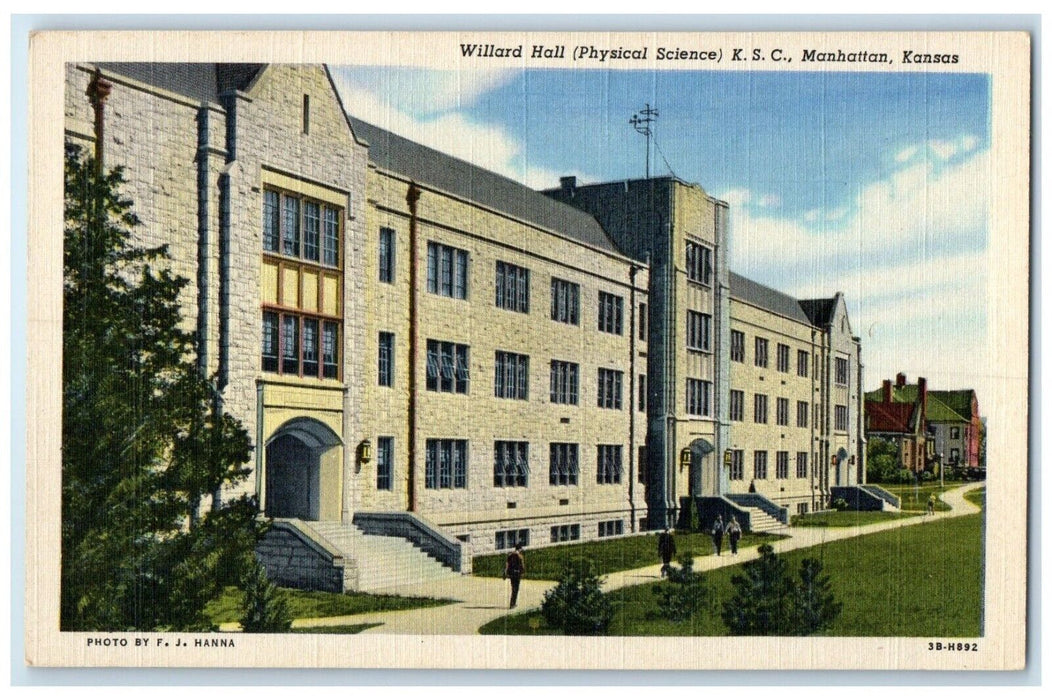 c1940 Willard Hall Physical Science KSC Exterior Field Manhattan Kansas Postcard