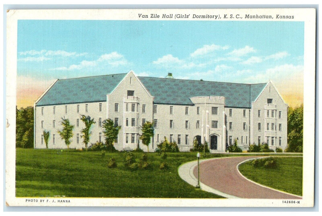 c1940 Van Zile Hall Girls Dormitory KSC Exterior Field Manhattan Kansas Postcard