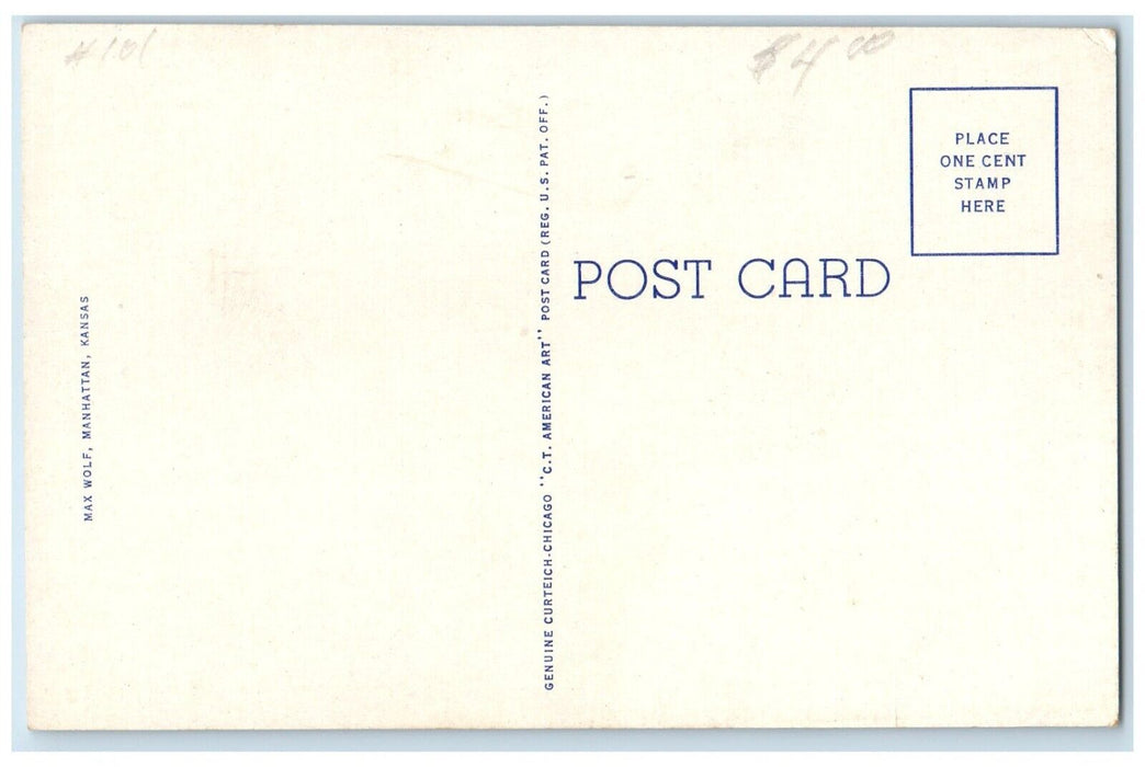 c1940 Van Zile Hall Girls Dormitory KSC Exterior Field Manhattan Kansas Postcard