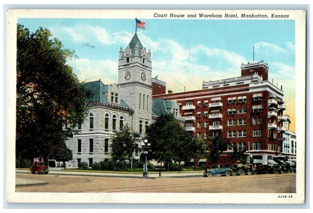 1938 Court House Wareham Hotel Exterior Building Road Manhattan Kansas Postcard