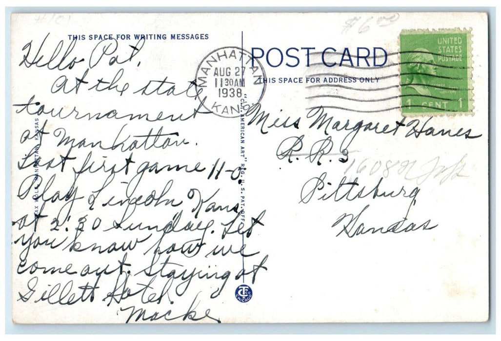 1938 Court House Wareham Hotel Exterior Building Road Manhattan Kansas Postcard