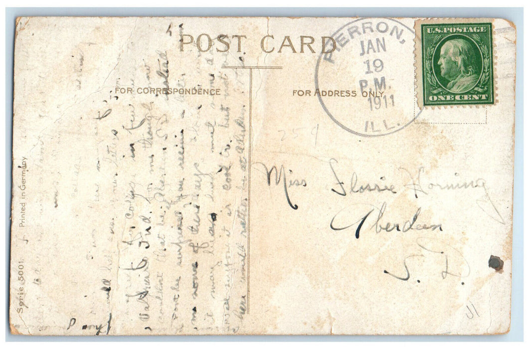 1911 Best Wishes Red Pink Yellow Flowers Pierron Illinois IL Posted Postcard