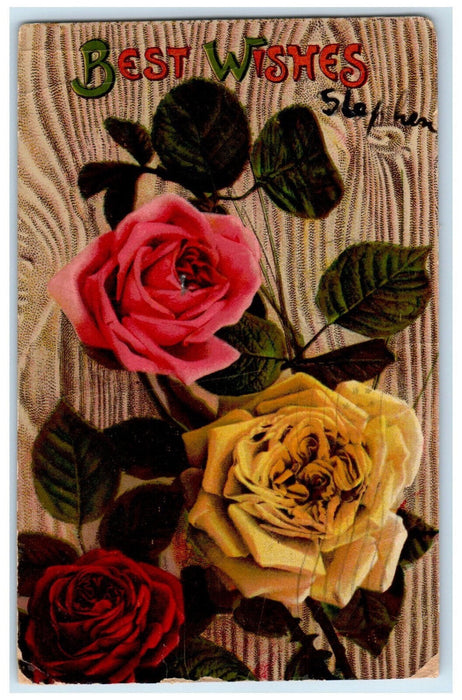 1911 Best Wishes Red Pink Yellow Flowers Pierron Illinois IL Posted Postcard