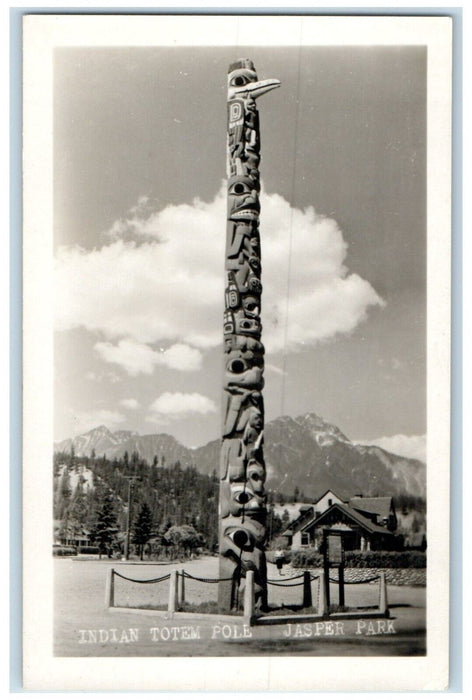 c1940's View Of Indian Totem Pole Jasper Park RPPC Photo Vintage Postcard