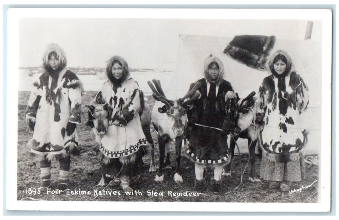 c1940's Four Eskimo Natives With Sled Reindeer Alaska AK RPPC Photo Postcard