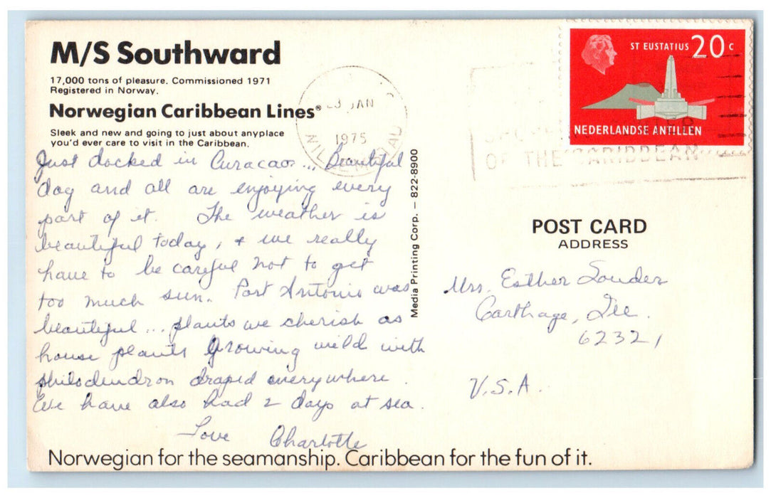 1975 M/S Southward Norwegian Carribean Lines Registered in Norway Postcard