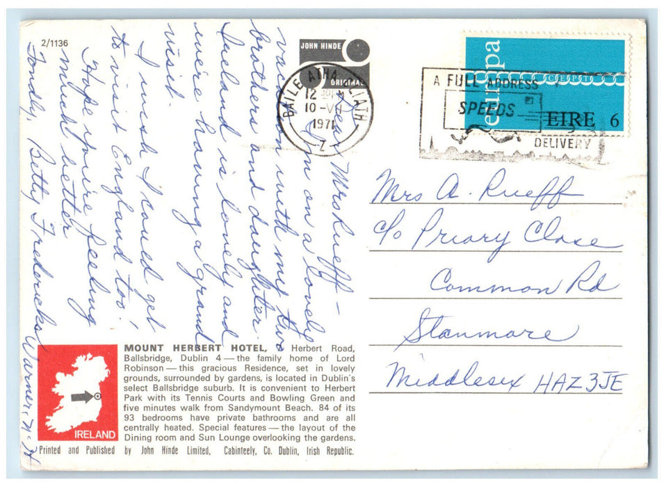 1971 View of Mouth Herbert Hotel Dublin Ireland Vintage Posted Postcard