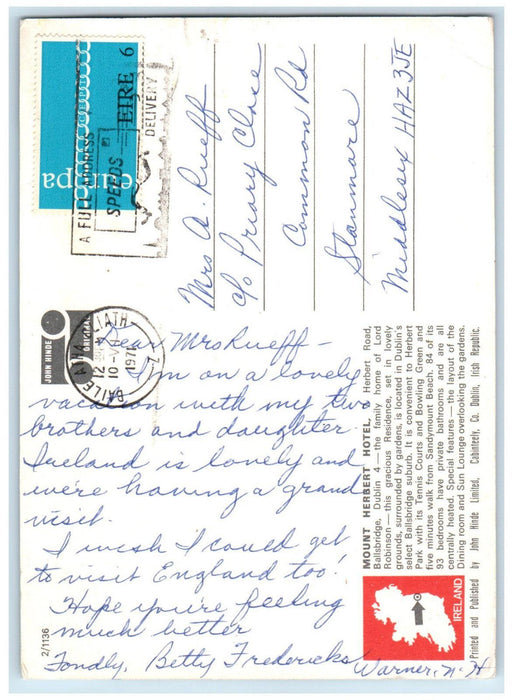 1971 View of Mouth Herbert Hotel Dublin Ireland Vintage Posted Postcard