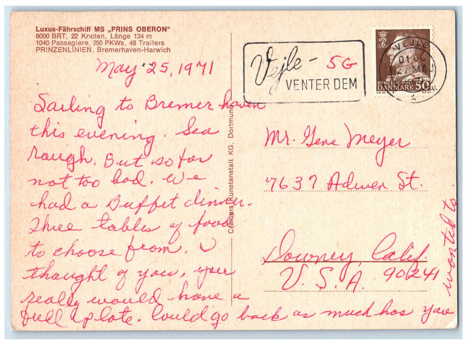 1971 Luxus-Fahrschiff MS Prins Oberon Bremerhaven-Harwich Germany Postcard