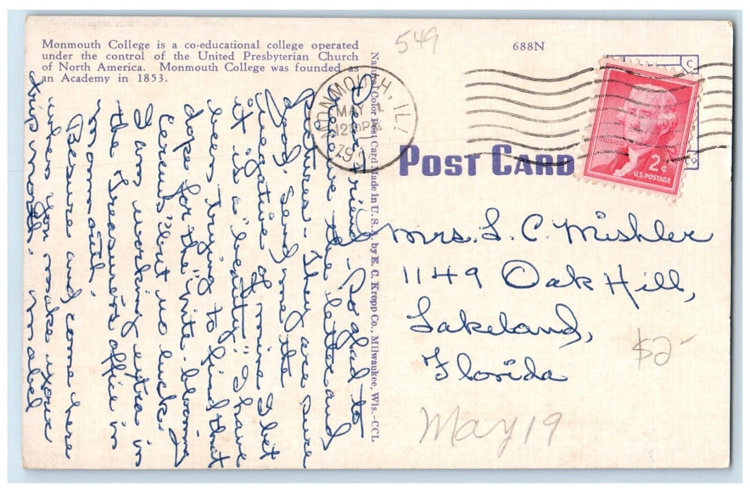 1952 Campus Monmouth College Building Trees Monmouth Illinois IL Posted Postcard