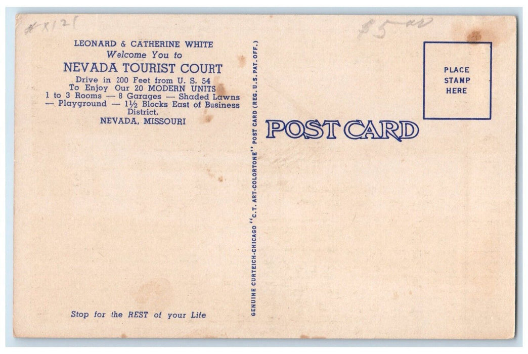 c1930's Nevada Tourist Court Motel Nevada Missouri MO Unposted Vintage Postcard