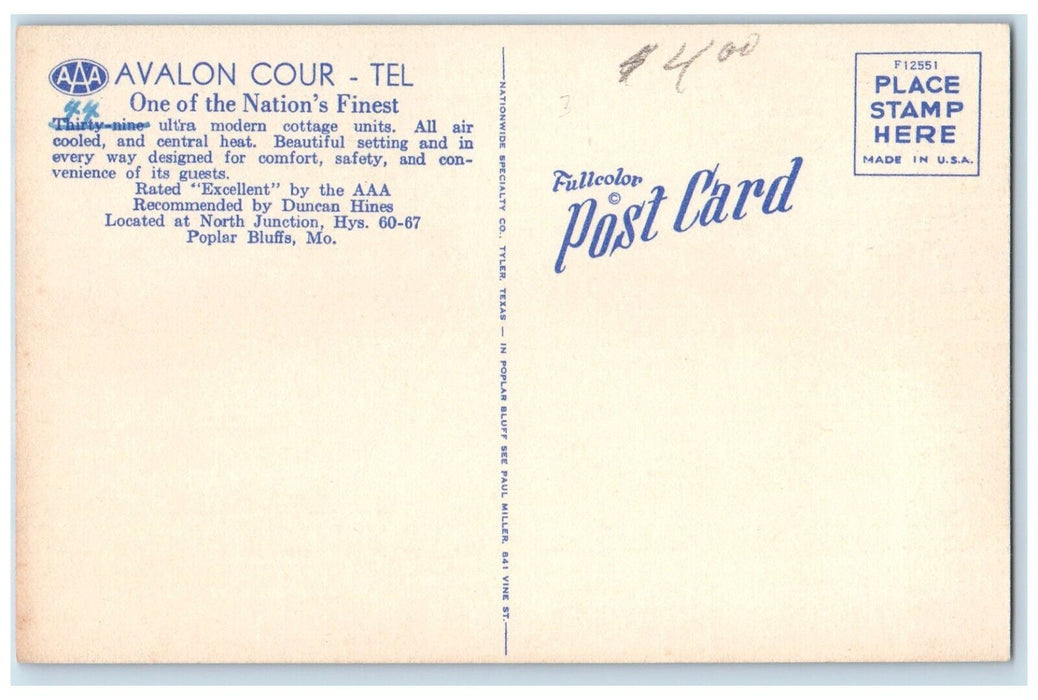 c1940's Avalon Court Tel Poplar Bluffs Missouri MO Multiview Vintage Postcard