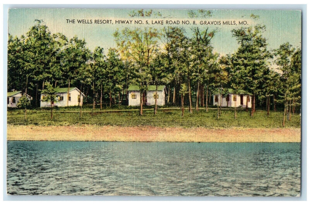 1952 The Wells Resort Hiway No. 5 Lake Road No. 8 Gravois Mills MO Postcard
