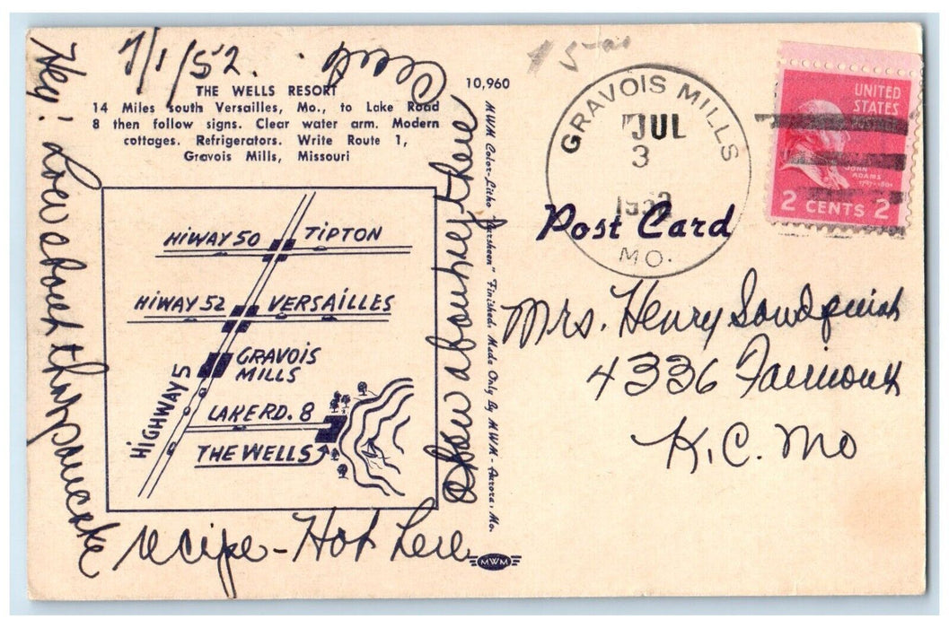1952 The Wells Resort Hiway No. 5 Lake Road No. 8 Gravois Mills MO Postcard