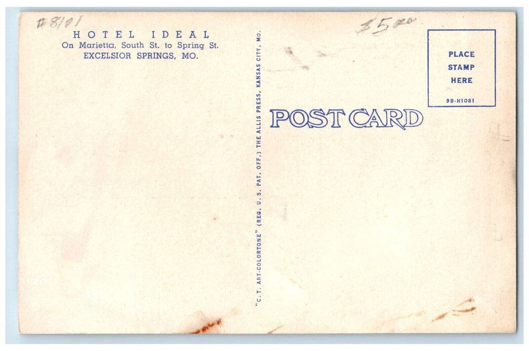 c1930's Hotel Ideal And Cafe Street View Excelsior Springs Missouri MO Postcard